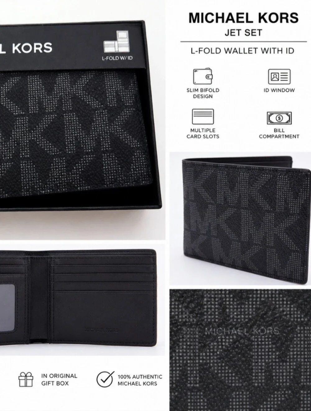 Michael Kors Jet Set Black MK Logo Monogram Slim Bifold Wallet Men's NWT Box